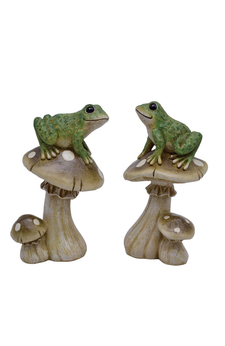 Transpac Resin Frog on Mushroom Set of 2 Multicolored for Spring Home Decor, Main, color, Green
