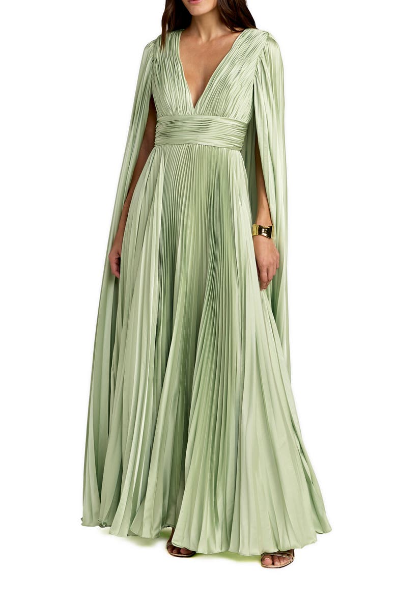 Pleated Charmeuse V-Neck Gown with Cape Sleeves, Main, color, Sage