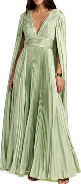 Mac Duggal Pleated Charmeuse V-Neck Gown with Cape Sleeves