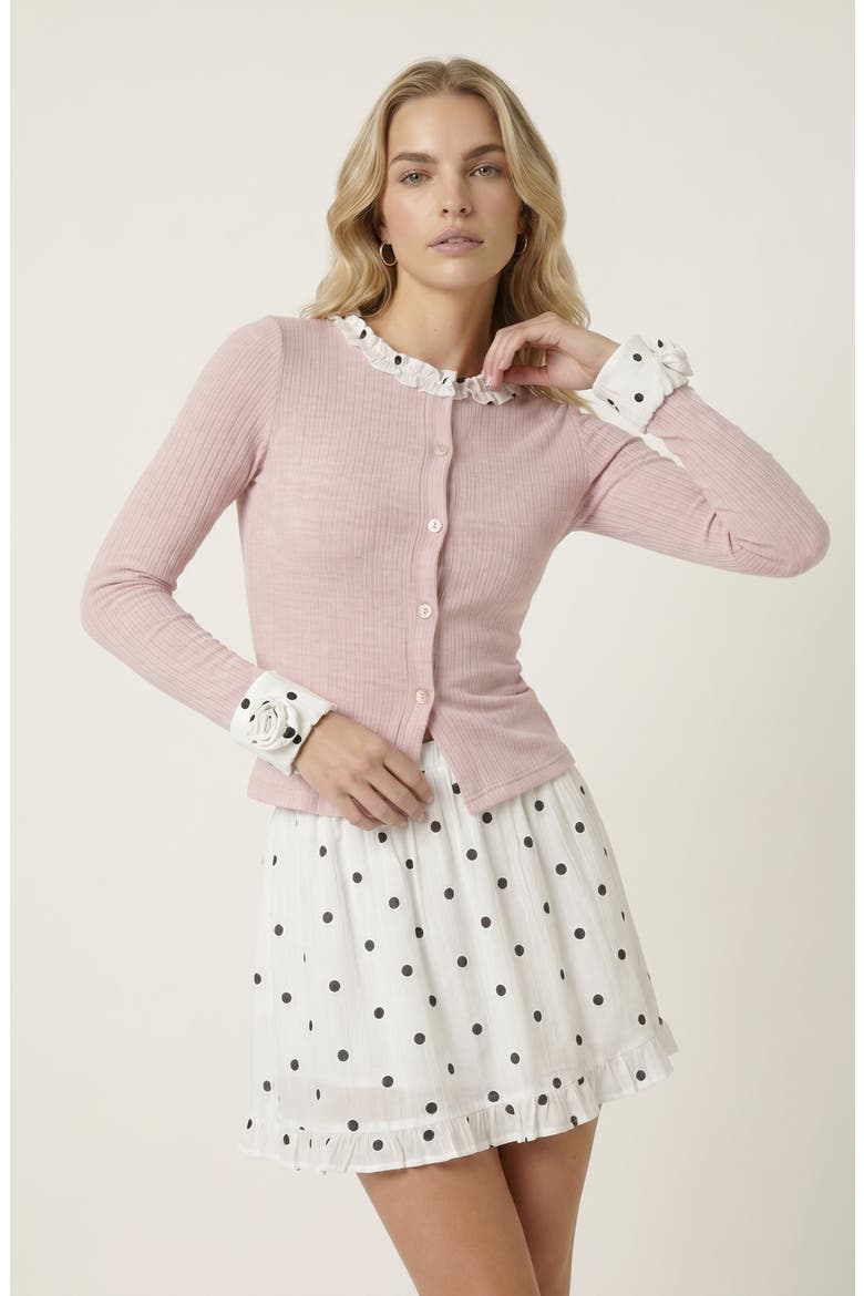 Ribbed Knit Two Piece Set with Ruffle Collar Cardigan and Polka Dot Skirt, Main, color, Pink