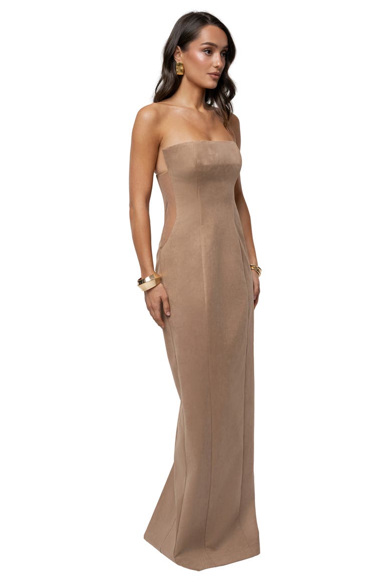 Madioson Sheer Inset Faux Suede Column Gown, Alternate, color, BEIGE
