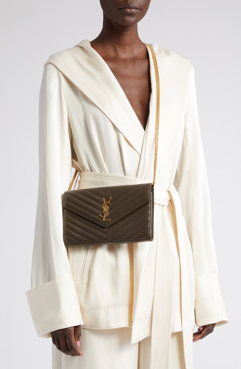 Saint Laurent Matelassé Leather Wallet on a Chain, Alternate, color, Light Musk