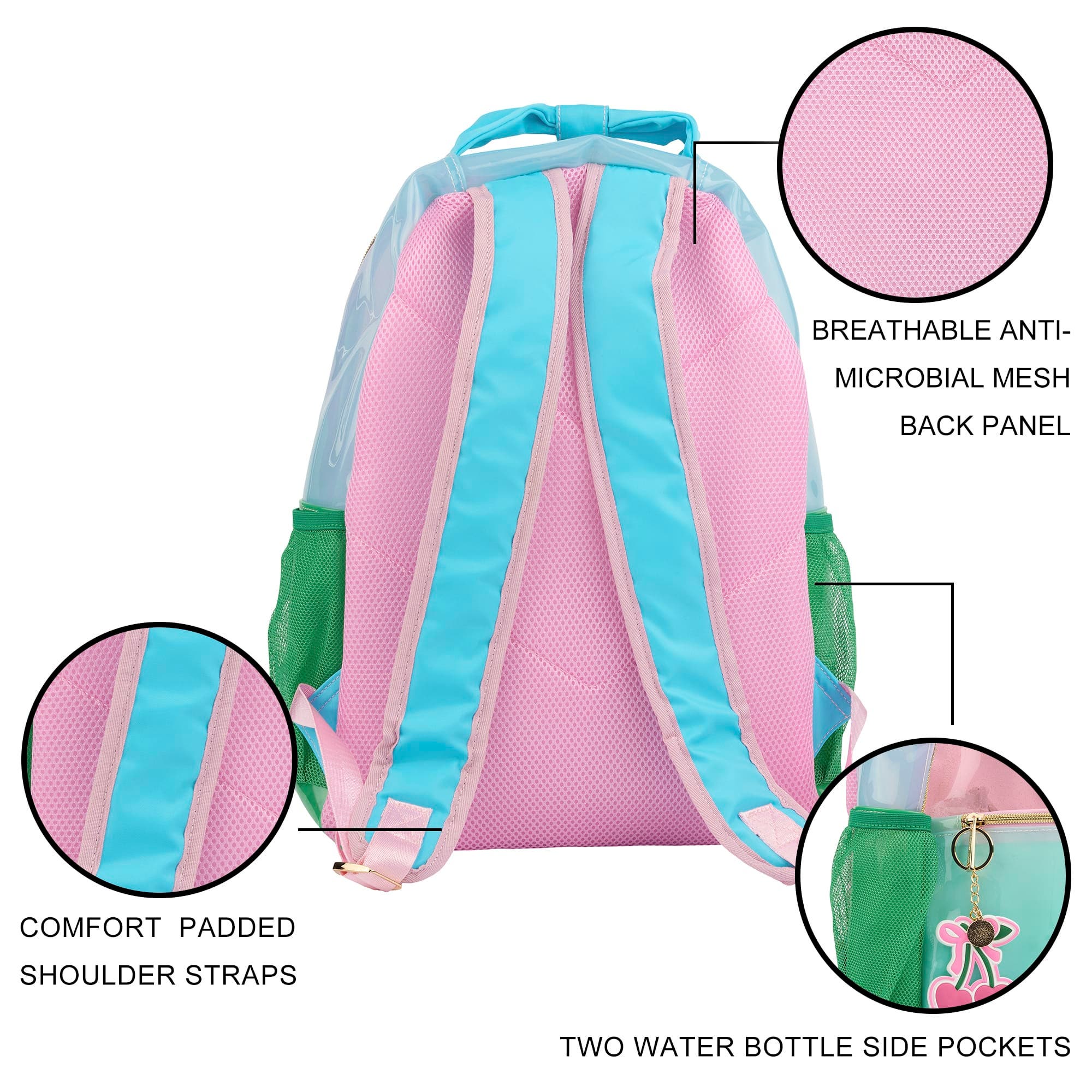 Colorblock Clear Backpack by Packed Party | Pink Glitter Panel, Blue Bow, Cherry Bag Charm | 17" Cute Backpack for Girls, Alternate, color, Multicolor