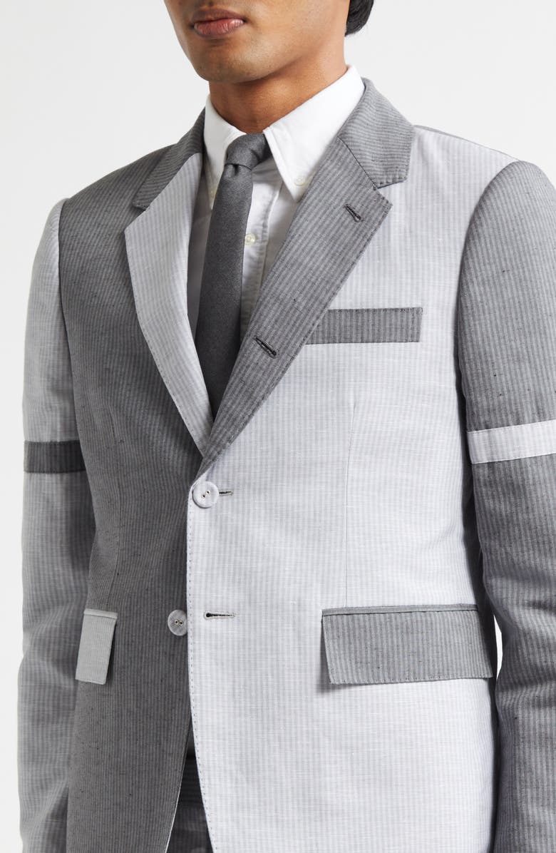 Thom Browne Fit 1 Stripe Patchwork Linen & Cotton Sport Coat with Armbands, Alternate, color, Light Grey