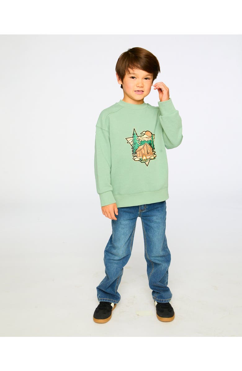 Deux par Deux Long Sleeve Graphic Mountain French Terry Sweatshirt, Alternate, color, Light Green