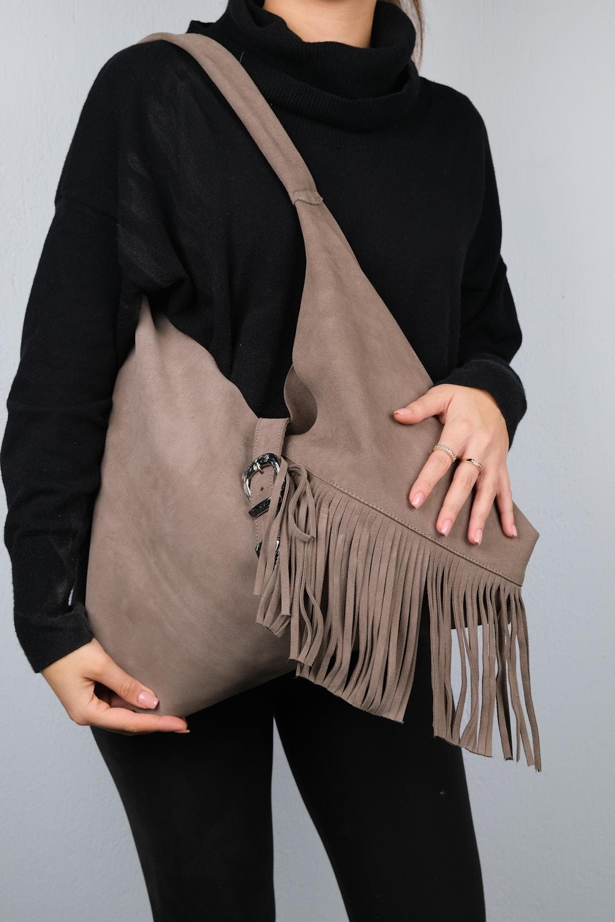 Forever & Always Shoes Rosalin Leather Tassel Shoulder Bag, Alternate, color, Dark Beige Suede