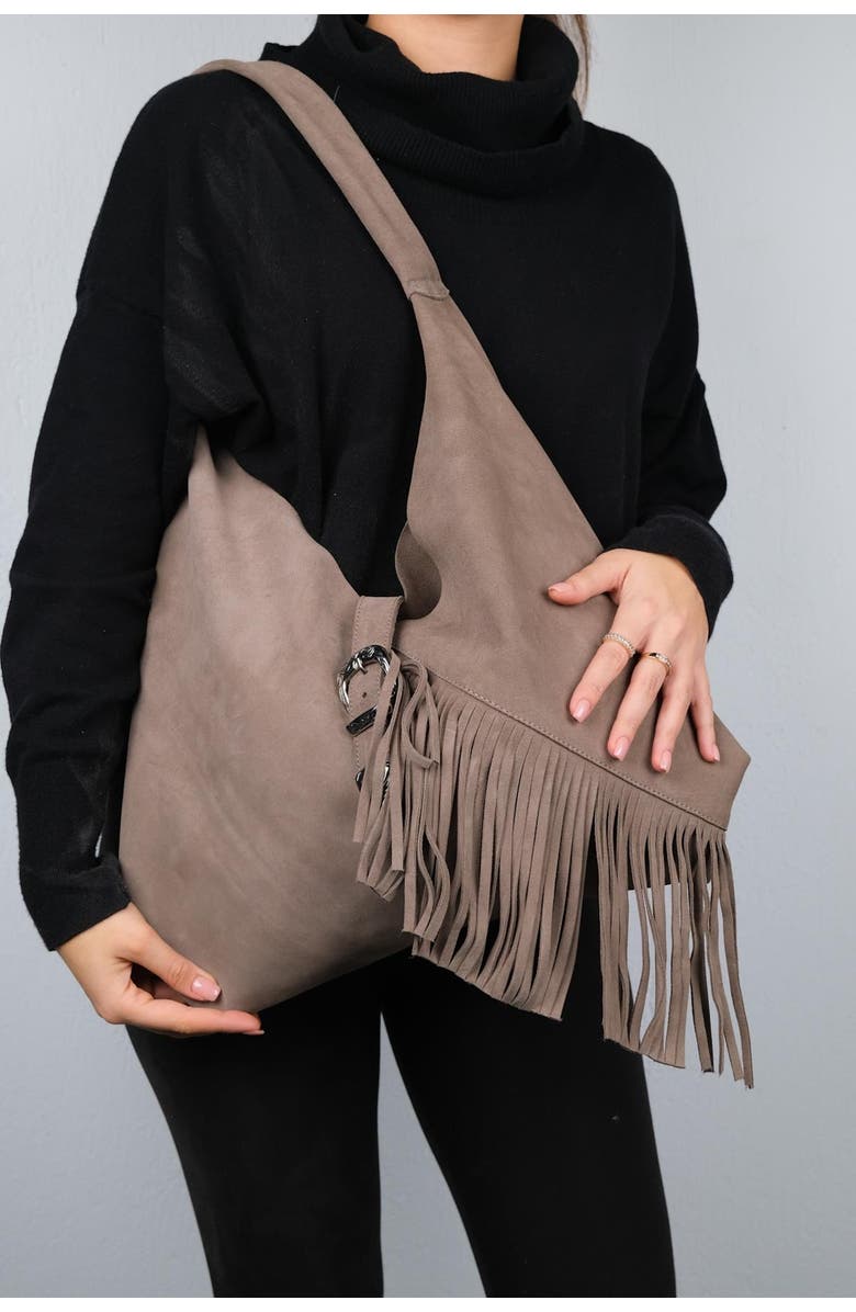 Forever & Always Shoes Rosalin Leather Tassel Shoulder Bag, Alternate, color, Dark Beige Suede