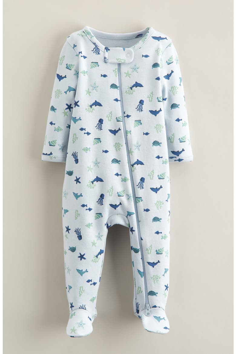 Print Zip Cotton Footie, Main, color, BLUE ILLUSION MARINE ANIMALS
