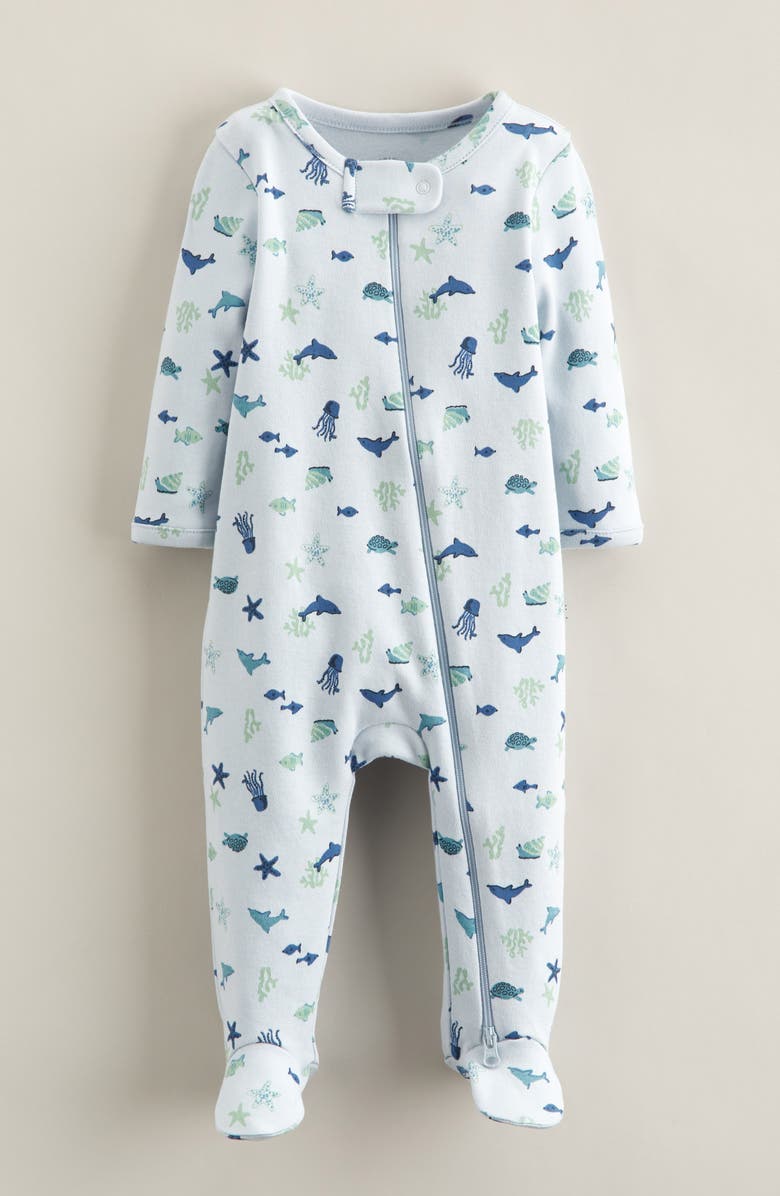 Nordstrom Print Zip Cotton Footie, Main, color, Blue Illusion Marine Animals