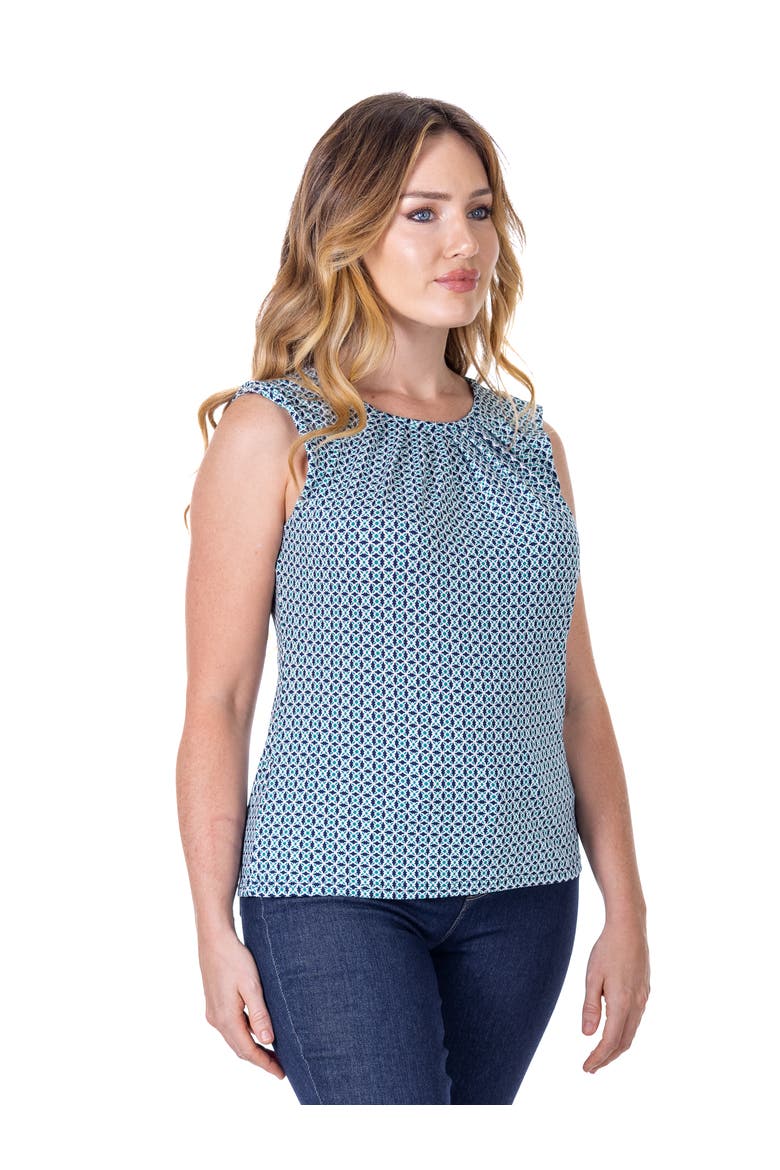 Petites Blue Print Pleated Crew Neckline Back Closure Sleeveless Top, Alternate, color, Blue Multi