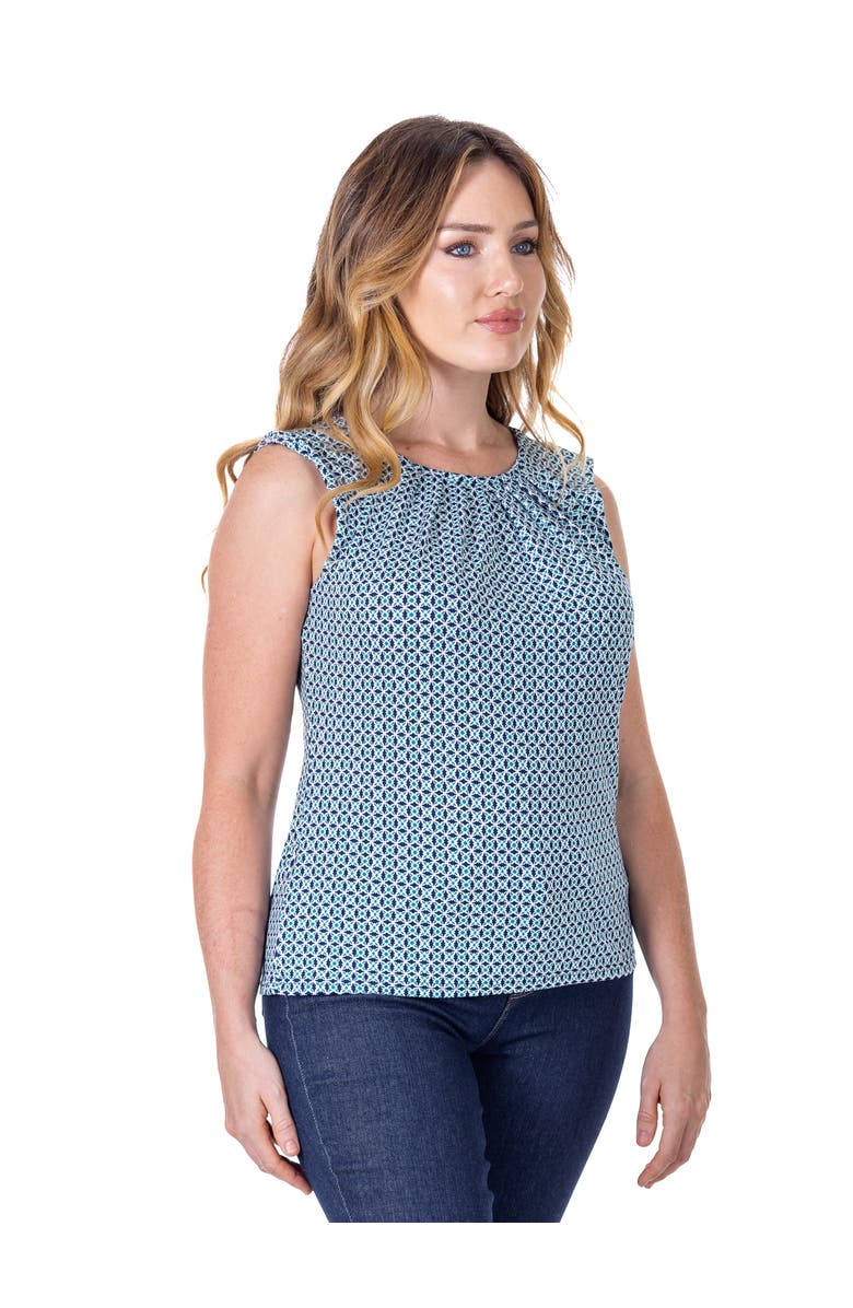 24seven Comfort Apparel Petites Blue Print Pleated Crew Neckline Back Closure Sleeveless Top, Alternate, color, Blue Multi