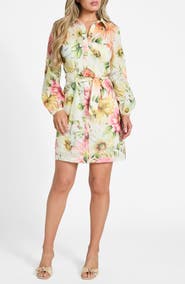 GUESS Faith Floral Print Tie Waist Shirtdress