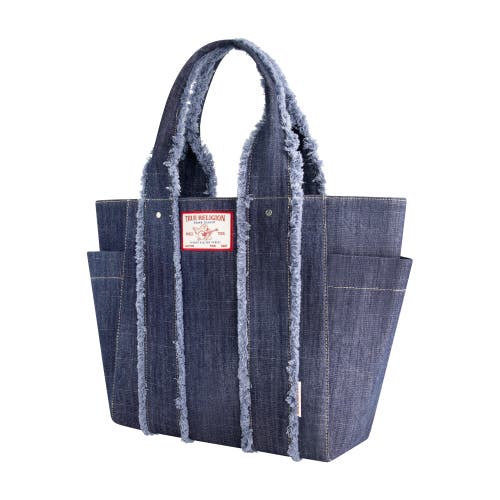 True Religion Frayed Handle Solid Denim Tote In Blue