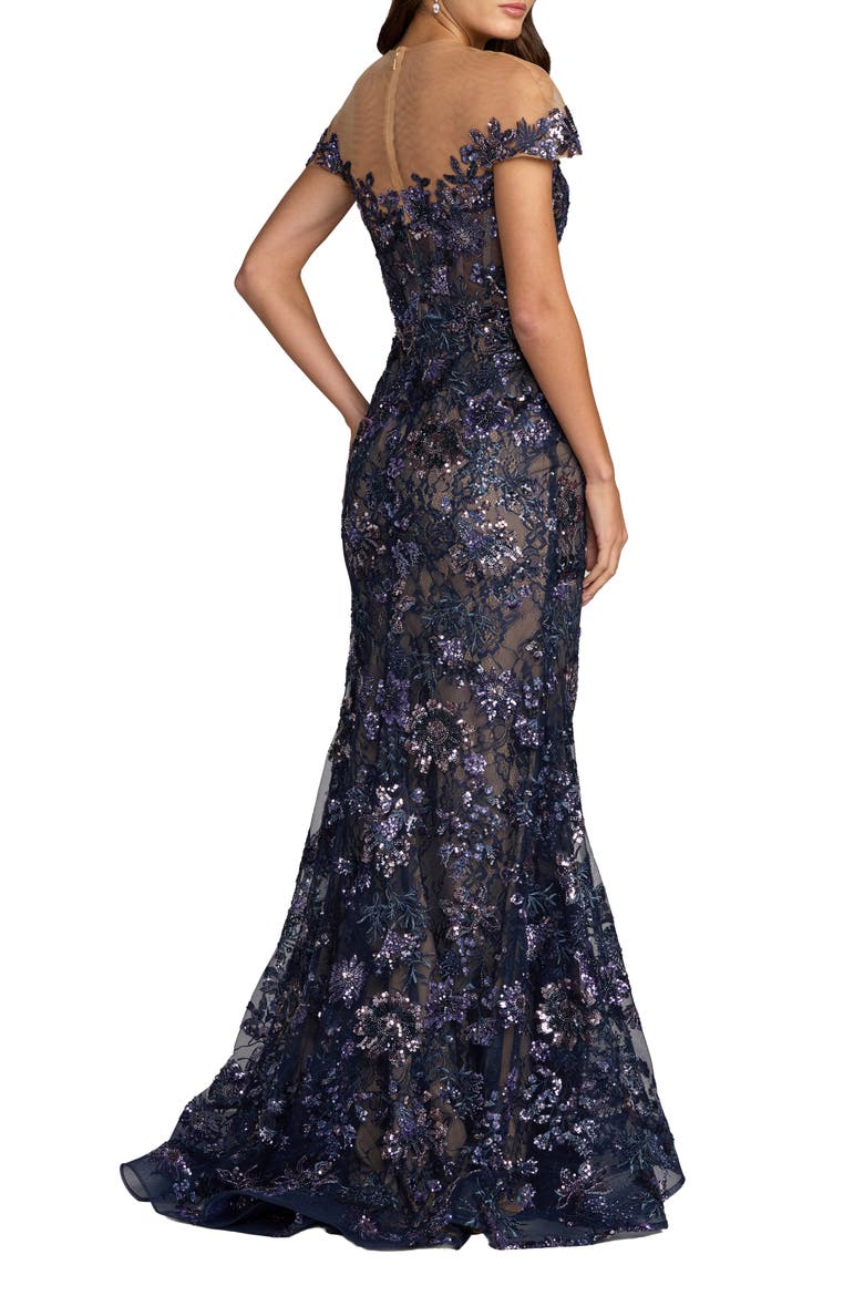 Lace Mesh Illusion Neck Cap Sleeve Trumpet Gown, Alternate, color, Midnight