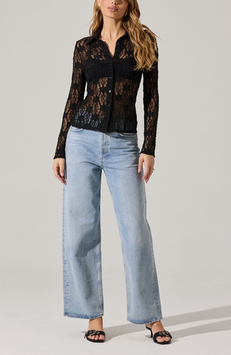 ASTR the Label Sheer Lace Long Sleeve Button-Up Top, Alternate, color, 