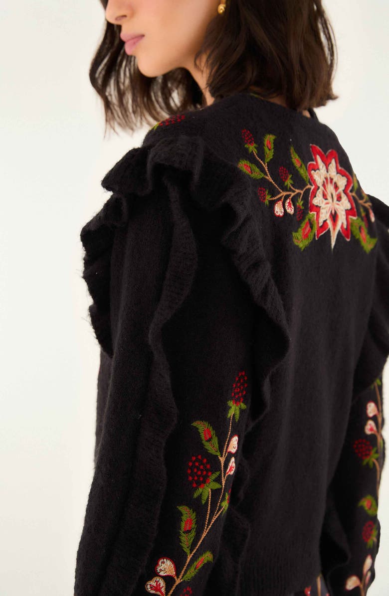 FARM Rio Berry Embroidered Ruffle Cardigan, Alternate, color, Black