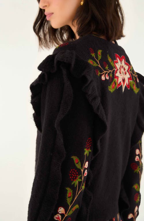 Farm Rio Berry Embroidery Knit V Neck Cardigan In Black