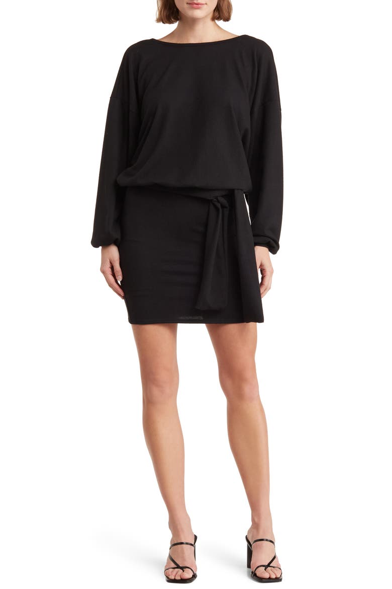 Belted Long Sleeve Drop Waist Dress, Main, color, BLACK
