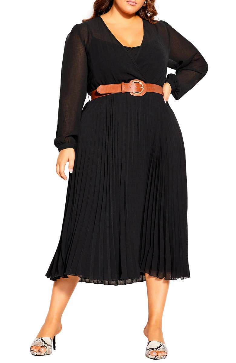 City Chic Pleated Belted Long Sleeve A-Line Midi Dress, Main, color,