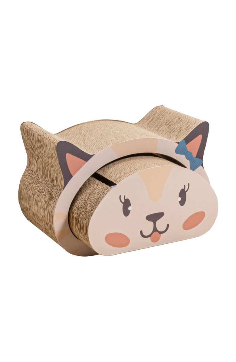 The Licker Store Opal Modern Cardboard Happy Cat Head 2-in-1 Cat Cave Scratcher with Built-In Bell Toys and Catnip, Main, color, Cream/Peach
