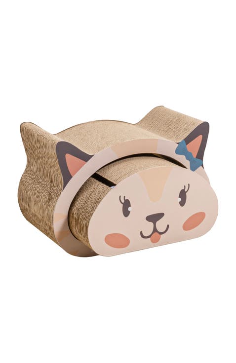 Opal Modern Cardboard Happy Cat Head 2-in-1 Cat Cave Scratcher with Built-In Bell Toys and Catnip
