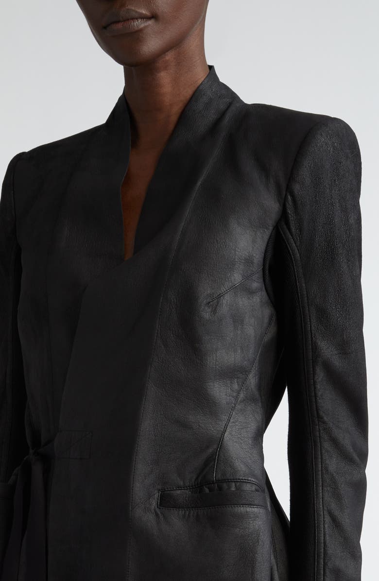Rick Owens Side Tie Leather & Knit Wrap Top, Alternate, color, 