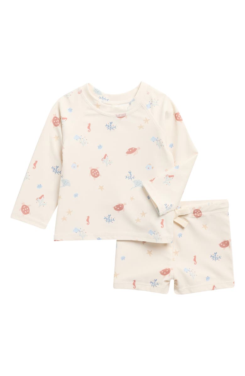 Rylee + Cru Kids" Aquatic Long Sleeve Two-Piece Rashguard Swimsuit, Main, color, Natural