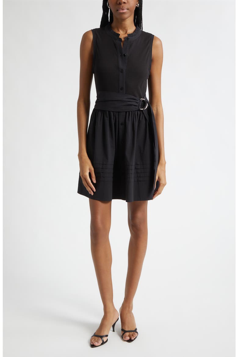 Orla Belted Sleeveless Mixed Media Minidress, Main, color, BLACK