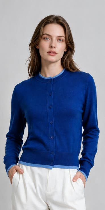 Wool Blend Contrast Trim Button Cardigan