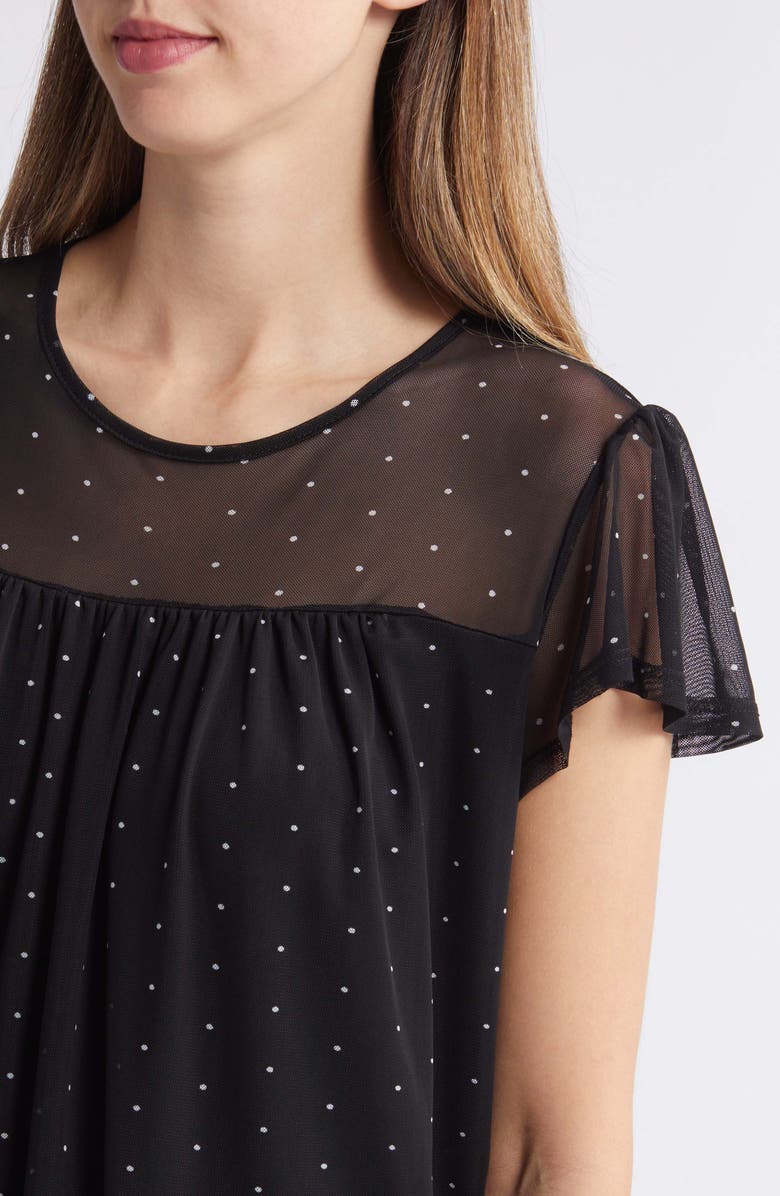 Loveappella Polka Dot Sheer Yoke Mesh Top, Alternate, color, Black