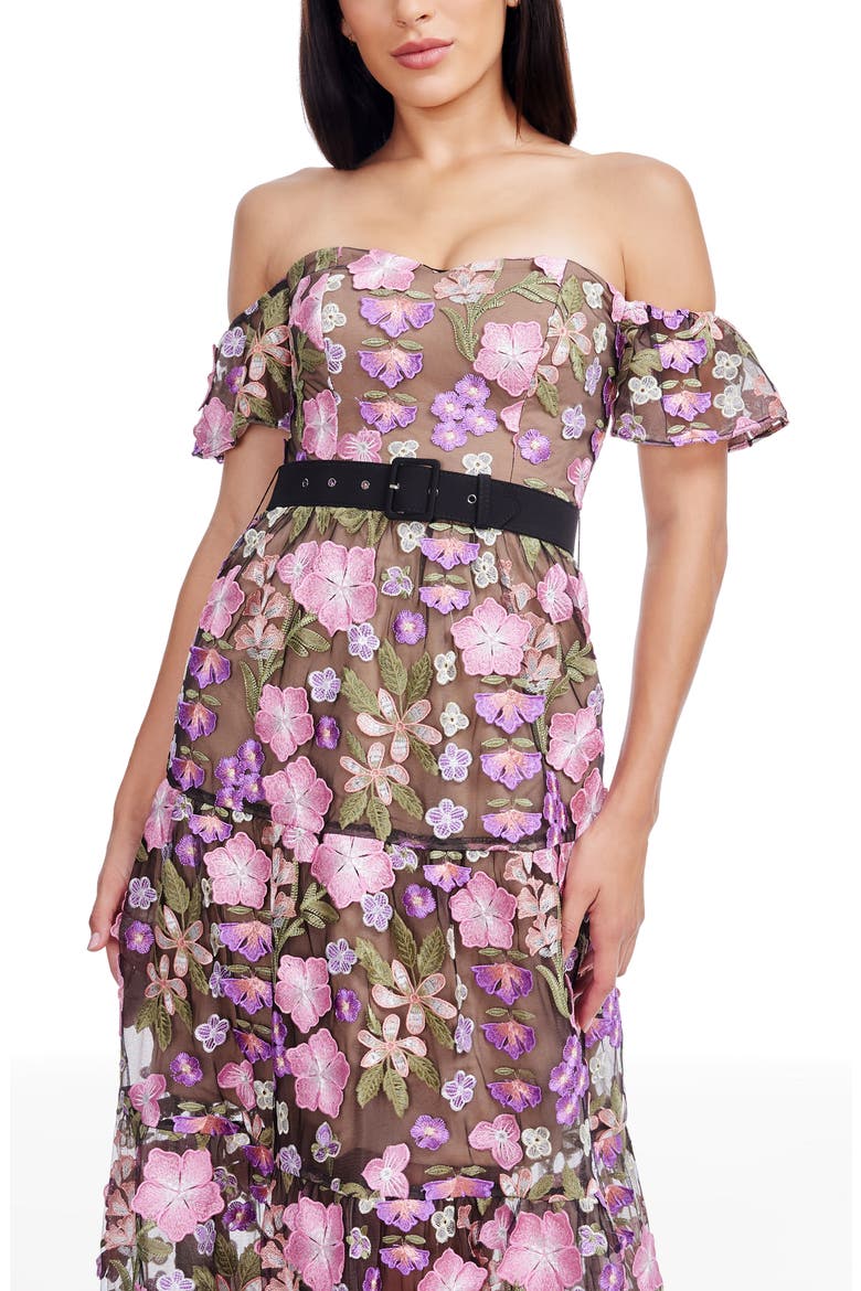Lara Floral Embroidered Off the Shoulder Gown, Alternate, color, BLACK MULTI