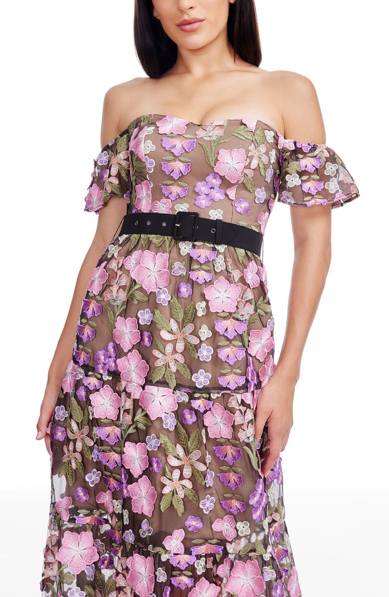 Dress the Population Lara Floral Embroidered Off the Shoulder Gown, Alternate, color, Black Multi