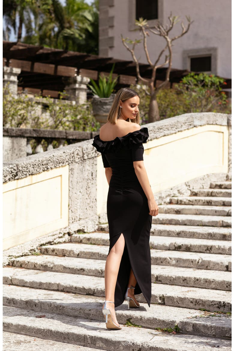 Ruffle Off the Shoulder Crepe Column Gown, Alternate, color, BLACK