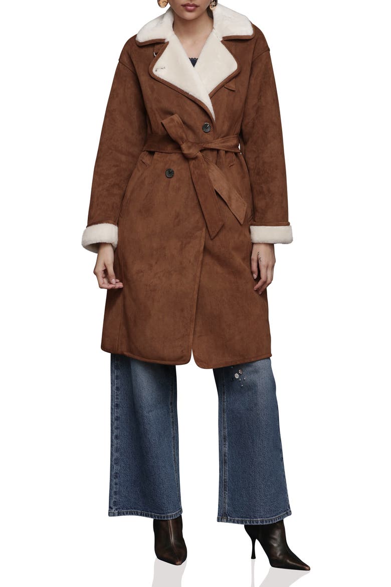 Double Breasted Faux Fur Belted Coat, Alternate, color, CAMEL