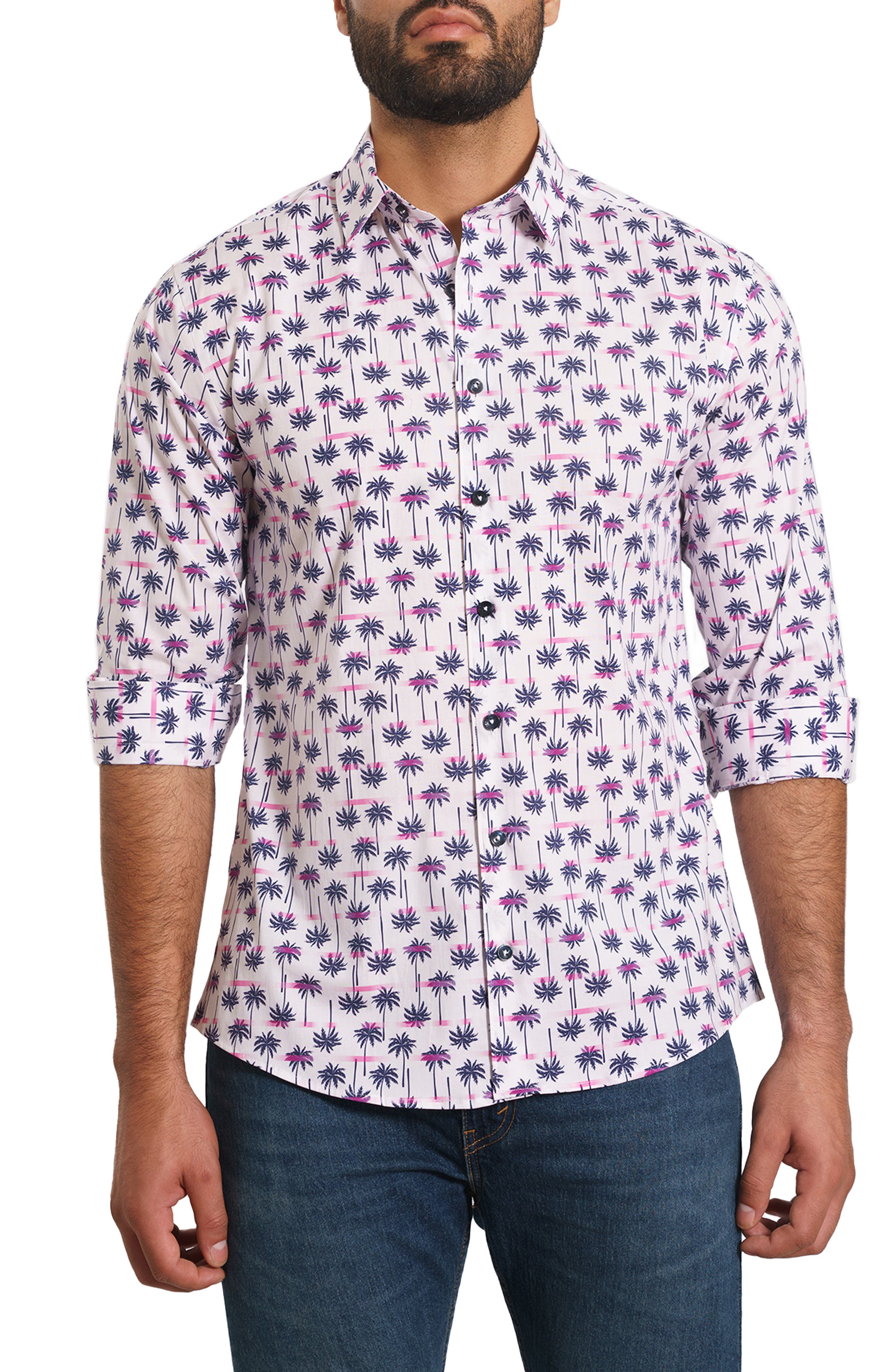 Jared Lang Trim Fit Palm Tree Cotton Button-Up Shirt