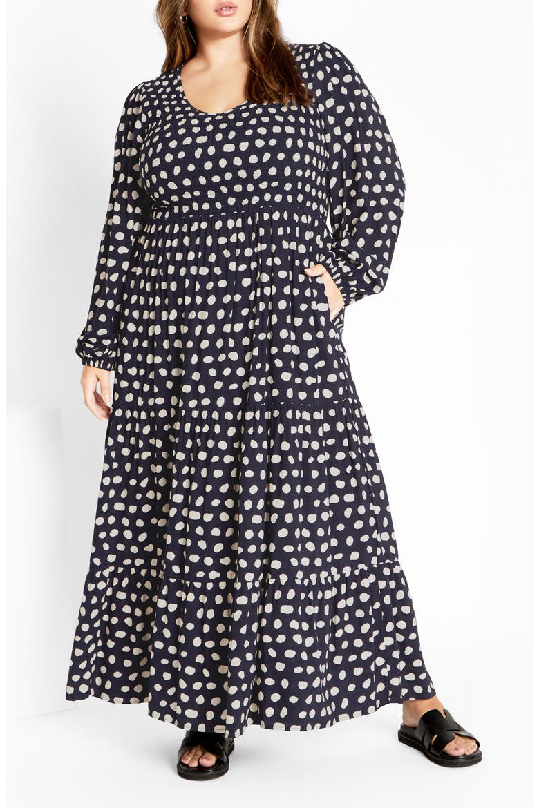 Adley Printed Smocked Bodice Long Sleeve Maxi Dress, Main, color, SPOT