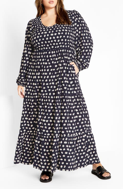 Adley Printed Smocked Bodice Long Sleeve Maxi Dress (Plus)