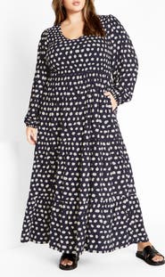 City Chic Adley Printed Smocked Bodice Long Sleeve Maxi Dress