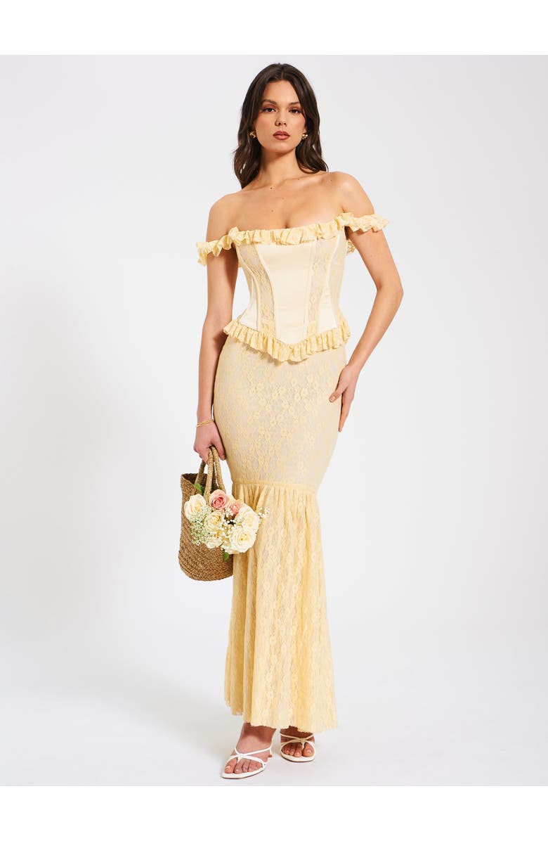 Miss Circle Ersilia Satin Lace Peplum Corset Off Shoulder Maxi Dress, Main, color, Pale Yellow