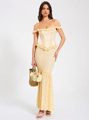 Miss Circle Ersilia Satin Lace Peplum Corset Off Shoulder Maxi Dress