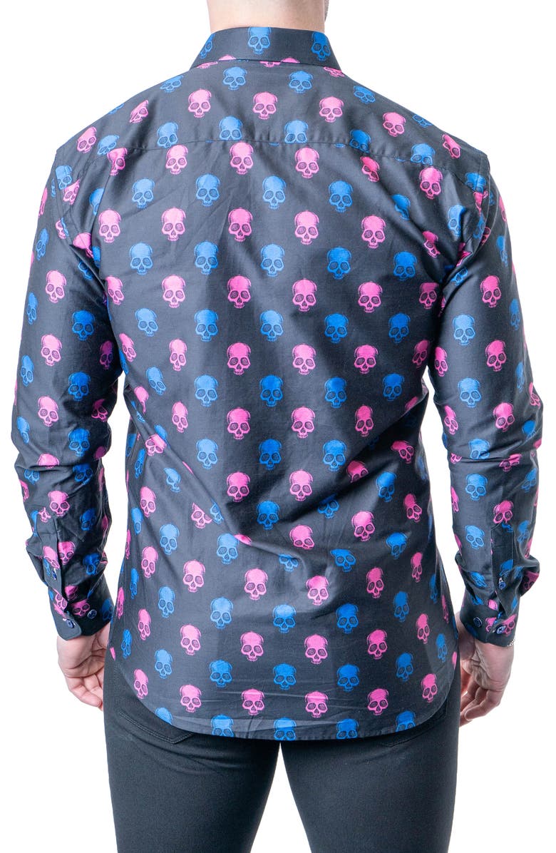 Maceoo Fibonacci Skull Print Contemporary Fit Button-Up Shirt, Alternate, color, Black