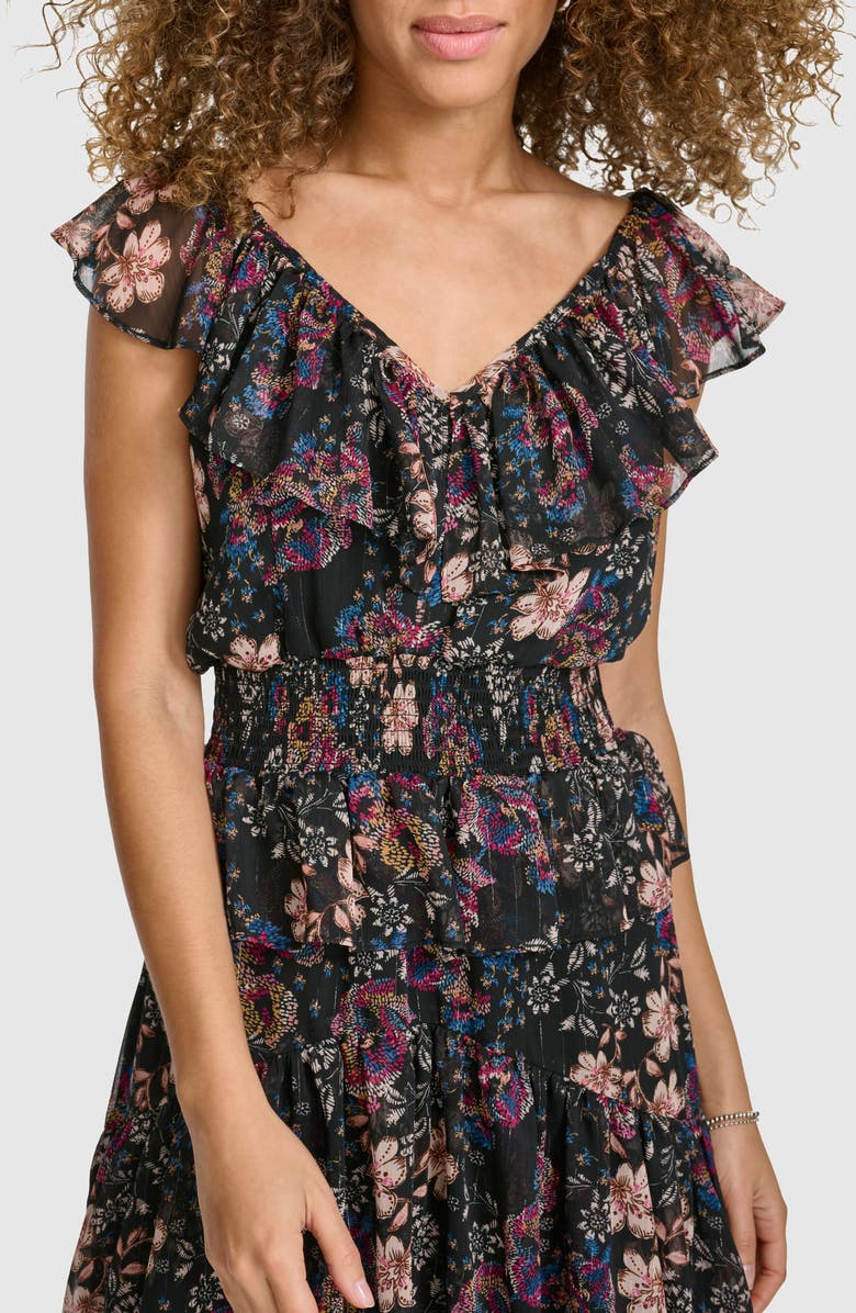 Kensie Ruffle High Low Dress, Alternate, color, Black Multi