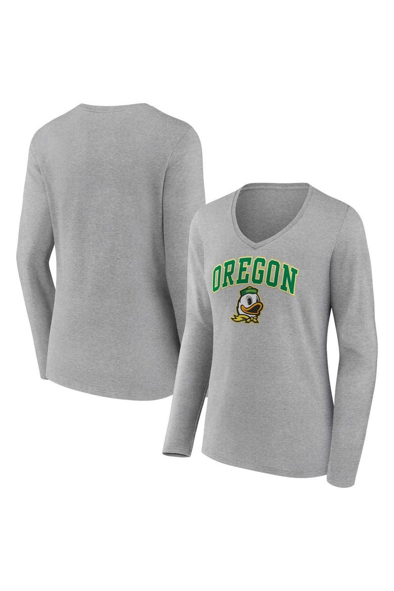 Women's Fanatics Branded Heather Gray Oregon Ducks Evergreen Campus Long Sleeve V-Neck T-Shirt, Main, color, Heather Gray