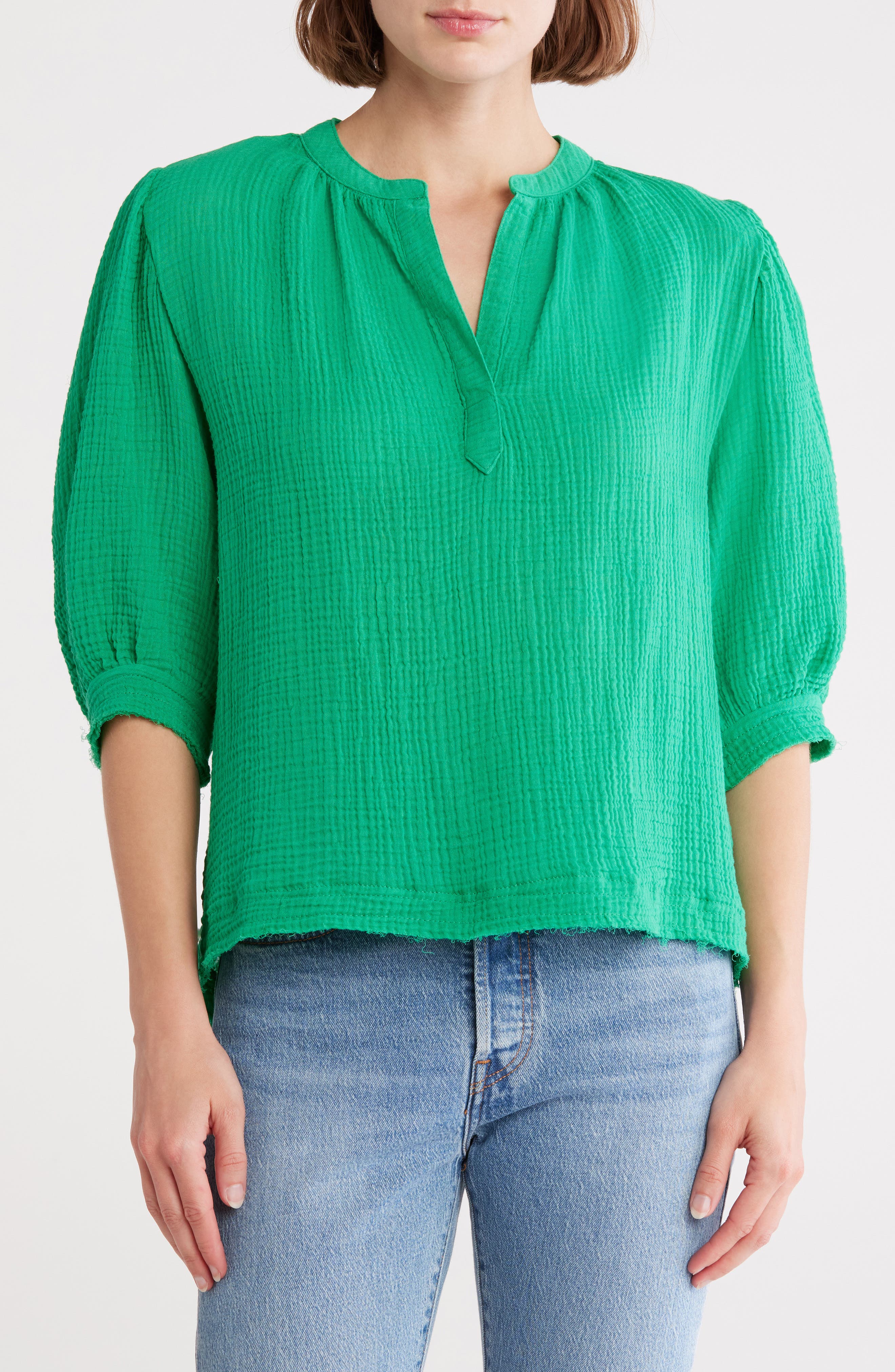 INDUSTRY REPUBLIC CLOTHING Split Neck Puff Sleeve Top