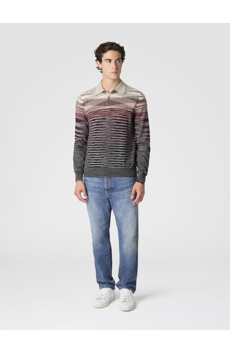 Missoni Long Sleeve Polo In Pure Wool With Flame Pattern, Alternate, color, Beige & Burgundy