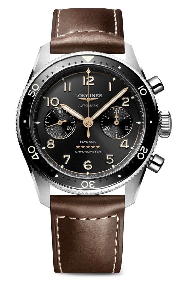 Spirit Flyback Automatic Chronograph Leather Strap Watch, 42mm, Main, color, BLACK