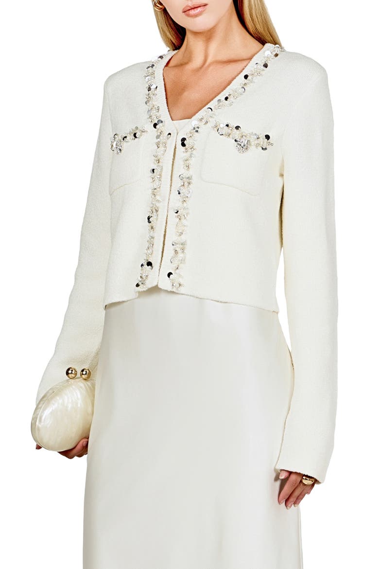 Jewel Trim Bouclé Cardigan, Alternate, color, IVORY