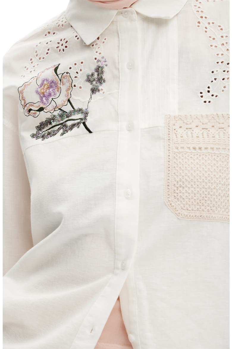 Crochet Cotton & Linen Shirt, Alternate, color, WHITE