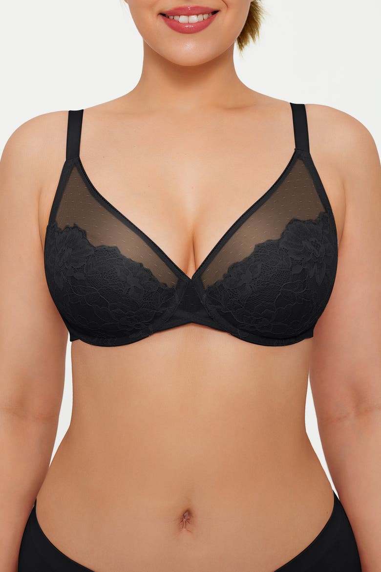 Lightweight Underwire Minimizer Lace Mesh Bra, Alternate, color, Classic black