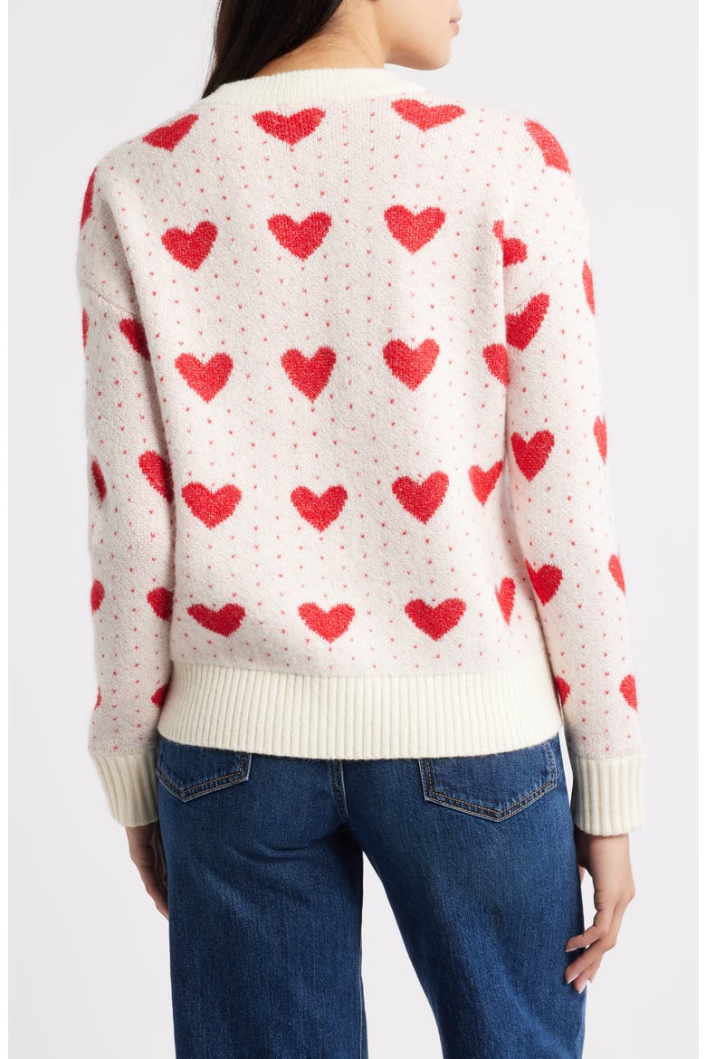 Jacquard Heart Crewneck Sweater, Alternate, color, IVORY PRISTINE- RED HEART